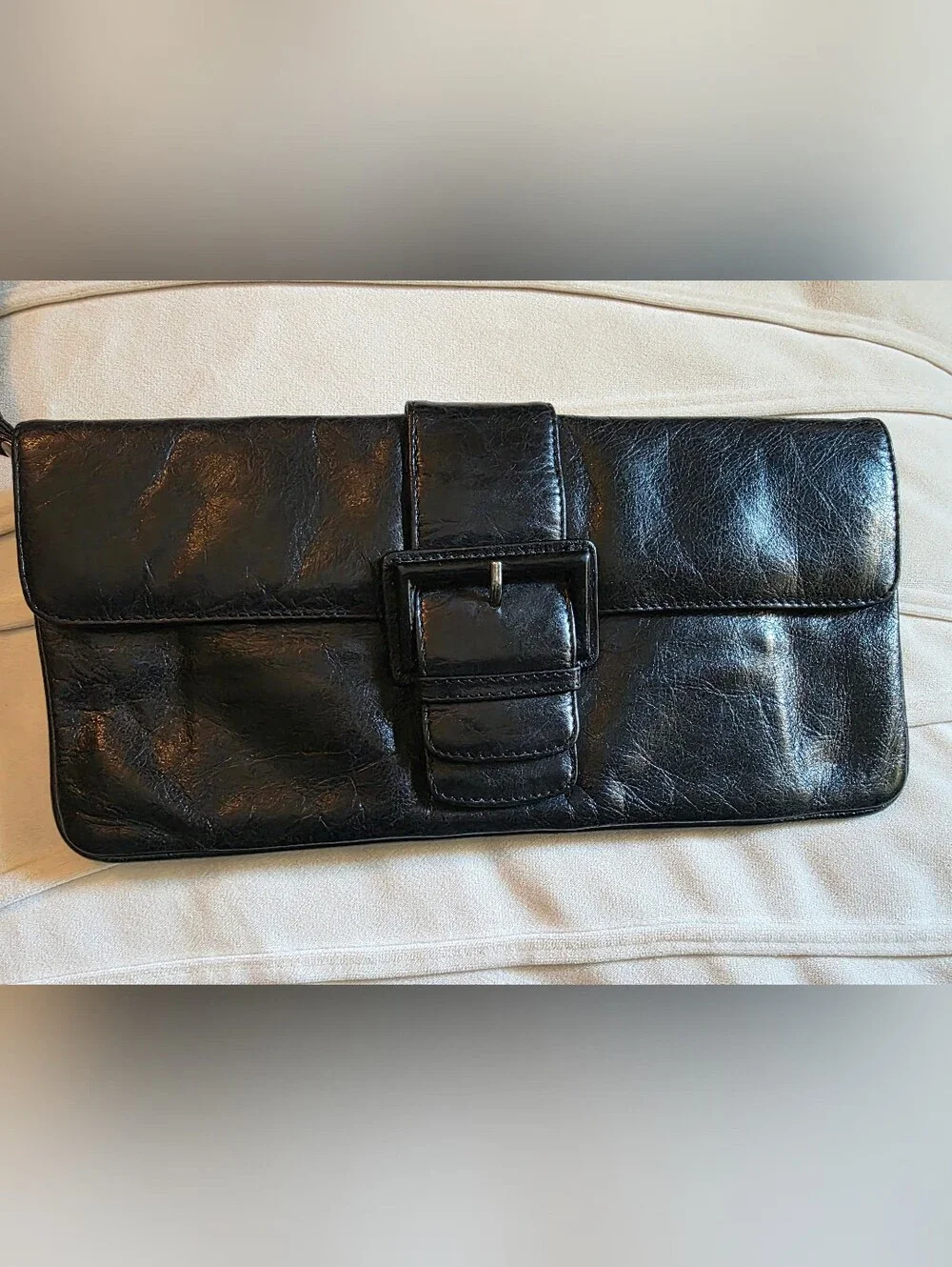 Vintage Hobo International Black Leather Clutch Wristlet Bag with Buckle